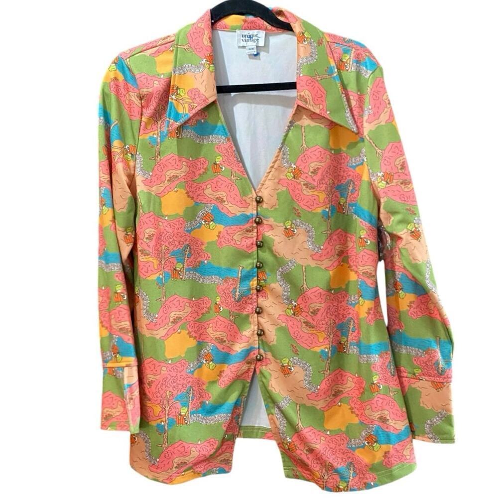 Unique Vintage Multicolor Long Sleeves Button Front Blouse Top Size 16